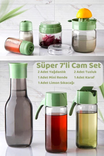 HOMENIVA Yeşil Rainbow 7 Parça Mutfak Seti – Karaf Sürahi Yağlık Rende Limon Sıkacağı Tuzluk