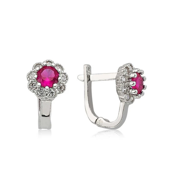 Gümüş Pembe Taşlı Çiçek Küpe - 2