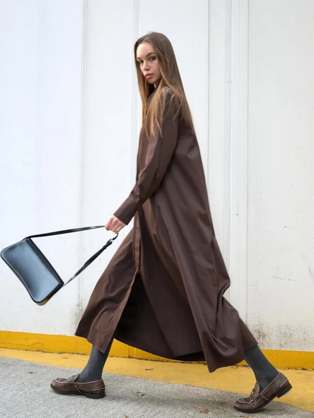 Poplin Oversize Uzun Gömlek Elbise Kahverengi - 4