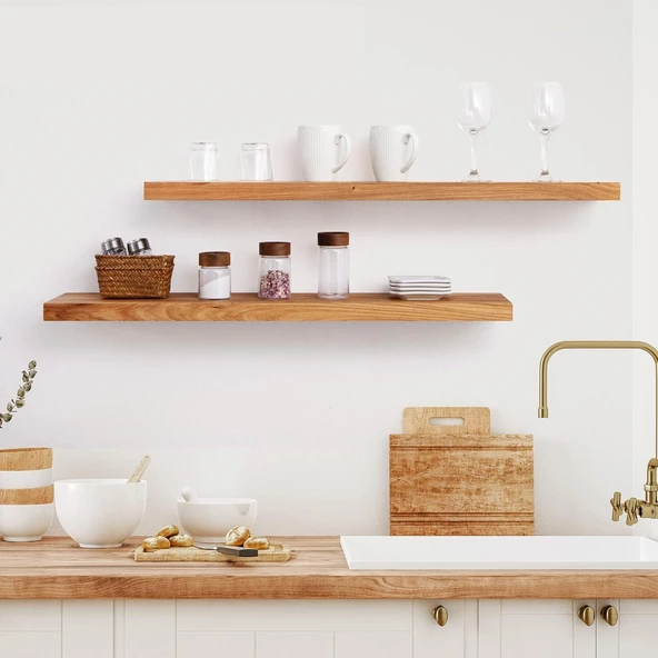 2li Doğal Ahşap Duvar Rafı Kütüphane Kitaplık Banyo Ve Mutfak Düzenleyici 50x15 - 2