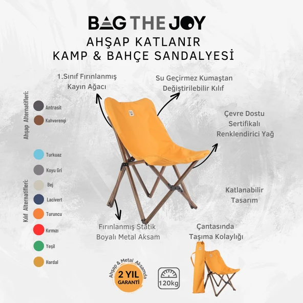 Bag The Joy Ahşap Katlanır Kamp Bahçe Sandalyesi Antrasit İskelet Hardal Kılıf - 6