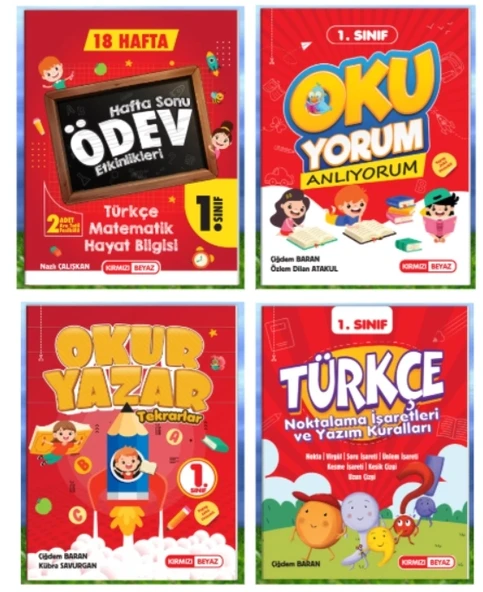 KIRMIZI BEYAZ YAYINLARI 1.SINIF 2.DÖNEM TEKNO ÖDEV ETKİNLİKLERİ - OKUR YAZAR - OKUYORUM - NOKTALAMA İŞARETLERİ 4'LÜ SET