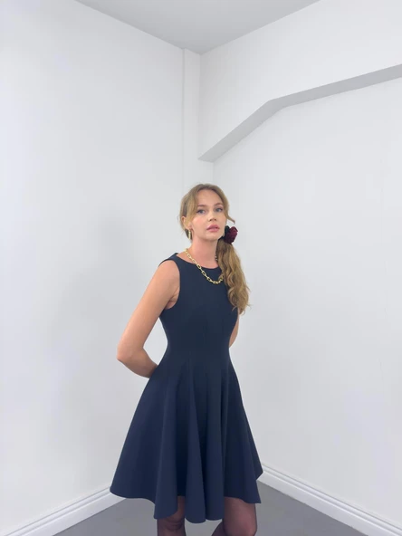 Dikiş İzli Volanlı Mini Elbise Lacivert - 8