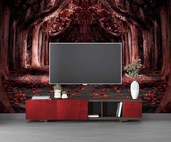 Kırmızı Yapraklı Orman Yolu Manzaralı Duvar Kağıdı - Resim 3