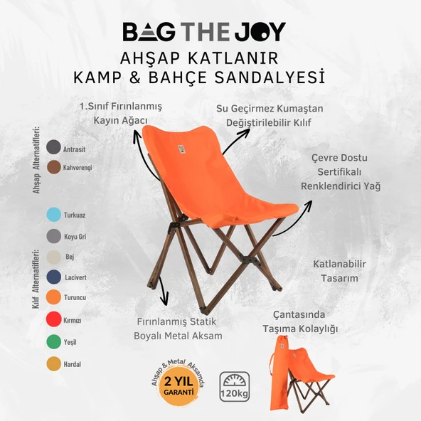 Bag The Joy Ahşap Katlanır Kamp Bahçe Sandalyesi Antrasit Iskelet Turuncu Kılıf - 5