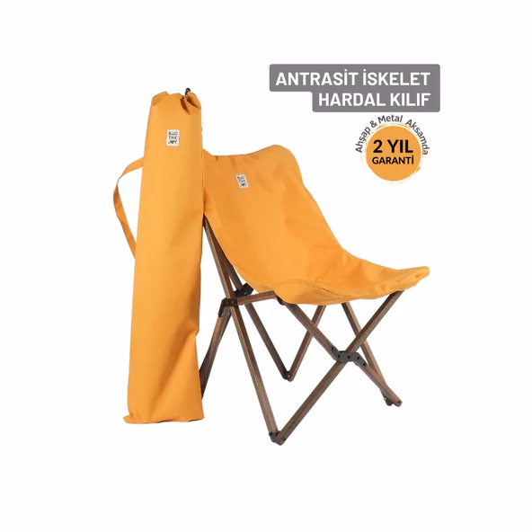 Bag The Joy Ahşap Katlanır Kamp Bahçe Sandalyesi Antrasit İskelet Hardal Kılıf