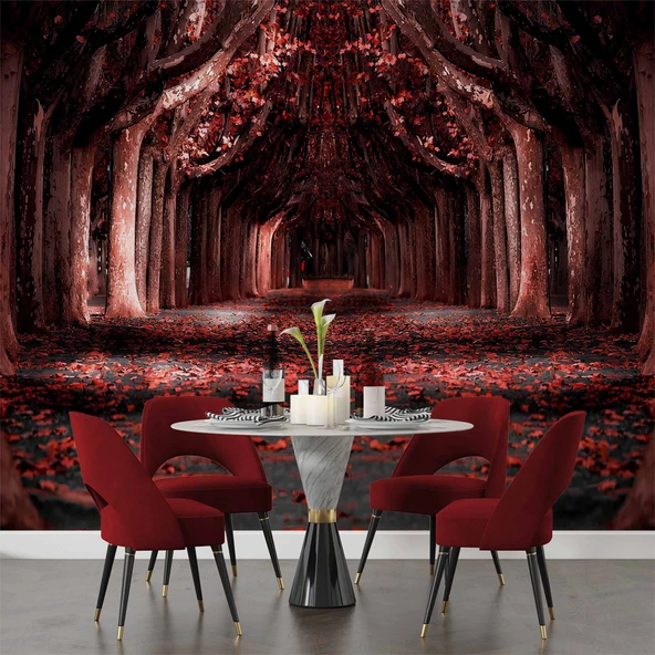 Kırmızı Yapraklı Orman Yolu Manzaralı Duvar Kağıdı - Resim 5