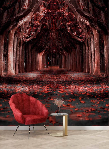 Kırmızı Yapraklı Orman Yolu Manzaralı Duvar Kağıdı - Resim 6