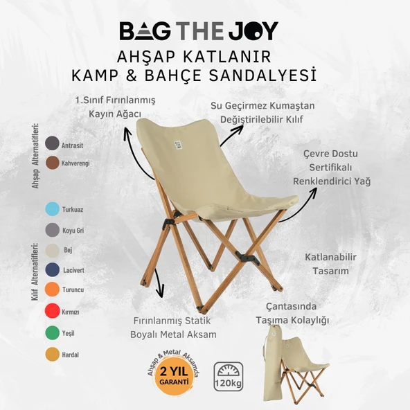 Bag The Joy Ahşap Katlanır Kamp Bahçe Sandalyesi Kahverengi Iskelet Bej Kılıf - 5