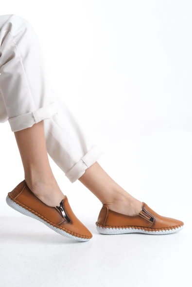 Kadın Hakiki Deri Yanı Fermuar Detaylı Günlük Ayakkabı Yumuşak Taban Dikişli Ayakkabı - Resim 6