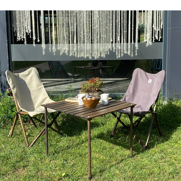 Ahşap Katlanır Kamp Bahçe Sandalyesi Antrasit Iskelet Bej Kılıf - 10