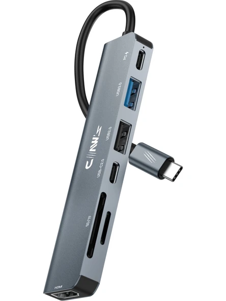 Claw's CHUB007-P 7in1 Windows & Mac 100w Hızlı Şarj - Type-C to 4K HDMI 1x USB-C 100W PD 1x USB-C Data 1x USB 3.0 5Gbps 1x