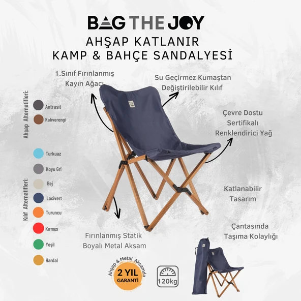 Bag The Joy Ahşap Katlanır Kamp Bahçe Sandalyesi Kahverengi Iskelet Lacivert Kılıf - 4