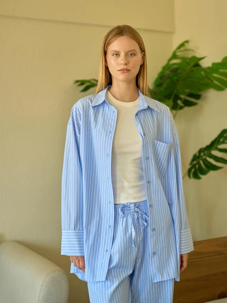 Çizgi Desen Poplin Oversize Mavi Boyfriend Gömlek - 12