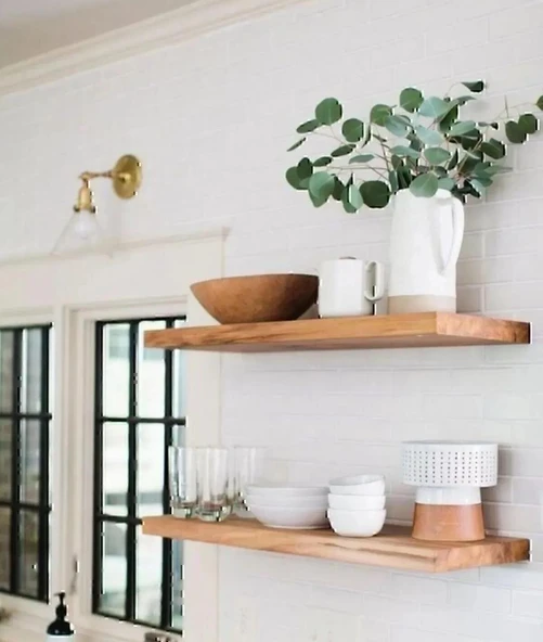 2li Doğal Ahşap Duvar Rafı Kütüphane Kitaplık Banyo Ve Mutfak Düzenleyici 60x15 - 3