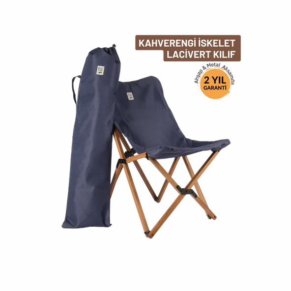 Bag The Joy Ahşap Katlanır Kamp Bahçe Sandalyesi Kahverengi Iskelet Lacivert Kılıf