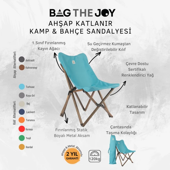 Bag The Joy Ahşap Katlanır Kamp Bahçe Sandalyesi Antrasit Iskelet Turkuaz Kılıf - 5