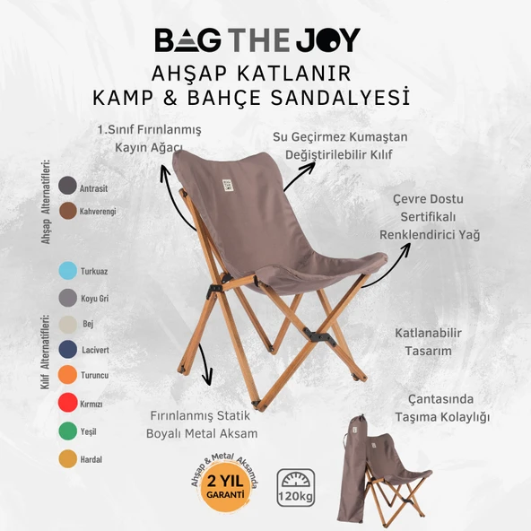 Bag The Joy Ahşap Katlanır Kamp Bahçe Sandalyesi Kahverengi Iskelet Koyu Gri Kılıf - 4
