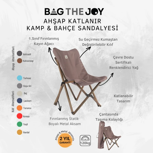 Bag The Joy Ahşap Katlanır Kamp Bahçe Sandalyesi Antrasit Iskelet Koyu Gri Kılıf - 5