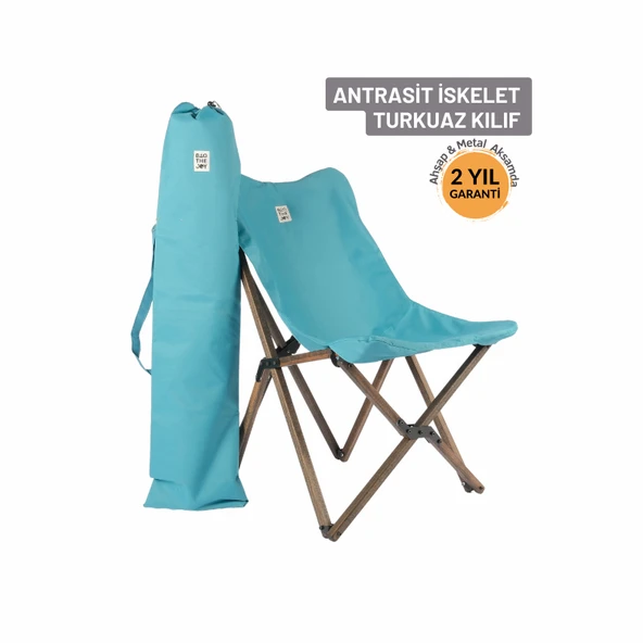 Bag The Joy Ahşap Katlanır Kamp Bahçe Sandalyesi Antrasit Iskelet Turkuaz Kılıf