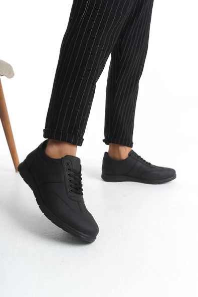 Erkek Hakiki Deri Siyah Sneaker Yanı Şerit Detaylı Rahat Taban Günlük Spor Ayakkabı - 2
