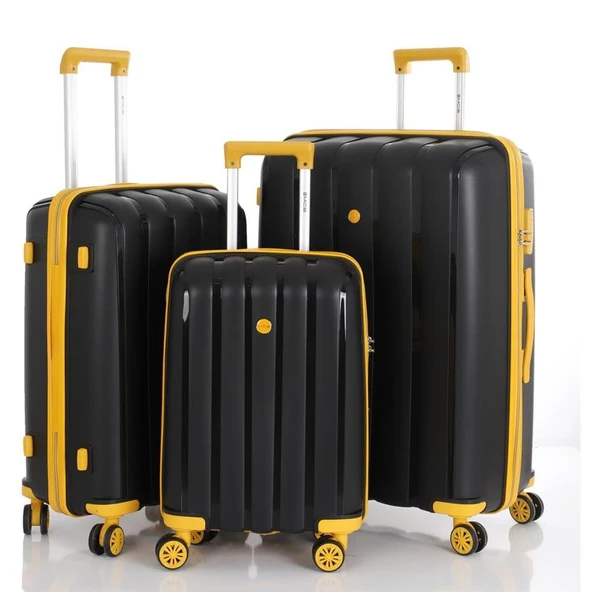 MÇS 3lü Set Kırılmaz Silikon Seyahat Valizi Bavulu V305 Siyah Sarı