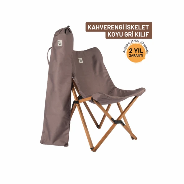 Bag The Joy Ahşap Katlanır Kamp Bahçe Sandalyesi Kahverengi Iskelet Koyu Gri Kılıf