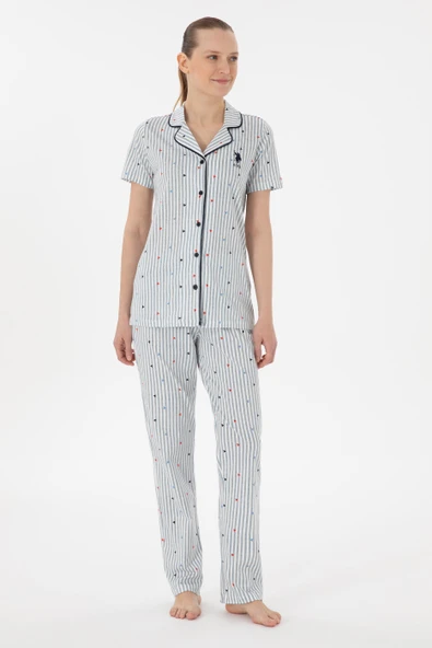 U.S. Polo Assn. Kadın Önden Düğmeli Boydan Patlı Kısa Kol Pijama Takım - 2