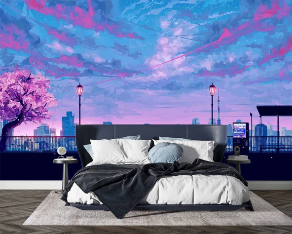 Dinlendirici Pembe Ağaç şehir çizimi Duvar Kağıdı - Resim 2