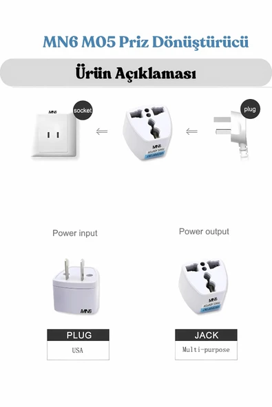 MN6 M05 Priz Dönüştürücü/5 Adet Fiş -TÜRK-İNGİLİZ FİŞİNİ AMERİKAN FİŞİNE Çevirici Adaptör - Resim 5