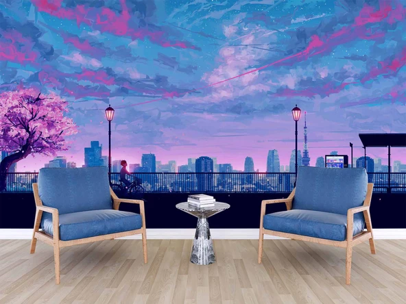 Dinlendirici Pembe Ağaç şehir çizimi Duvar Kağıdı - Resim 6