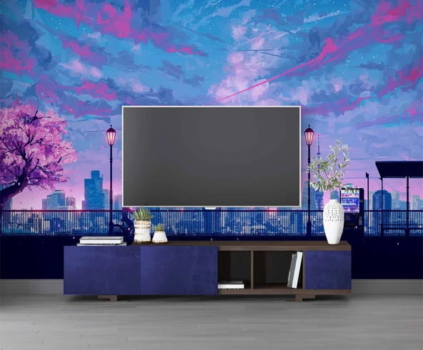 Dinlendirici Pembe Ağaç şehir çizimi Duvar Kağıdı - Resim 3