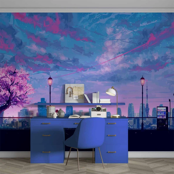 Dinlendirici Pembe Ağaç şehir çizimi Duvar Kağıdı - Resim 4