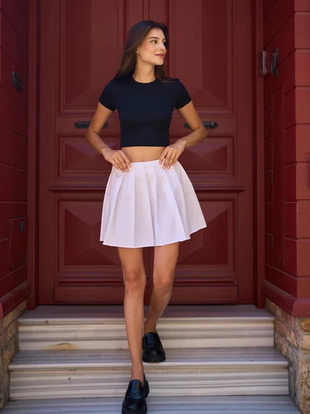 Piliseli Poplin Mini Etek Beyaz