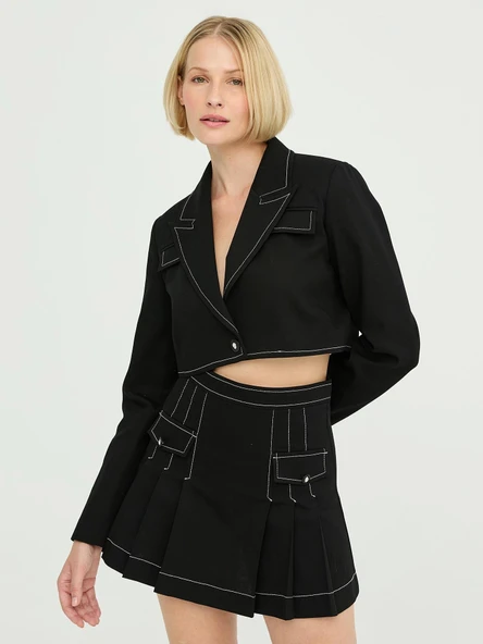 Gabardin Dikiş Detaylı Pileli Mini Etek Siyah - 3