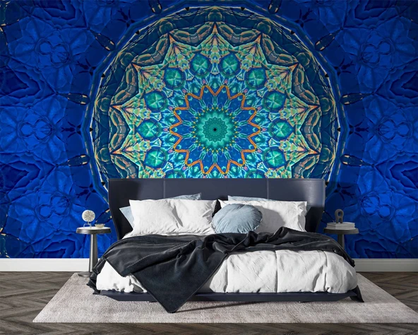 Mavi Franktal Etnik Motif Desenli Duvar Kağıdı - 2