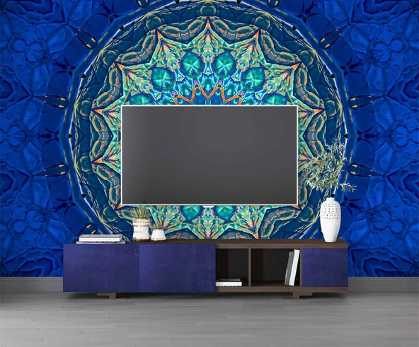 Mavi Franktal Etnik Motif Desenli Duvar Kağıdı - 3