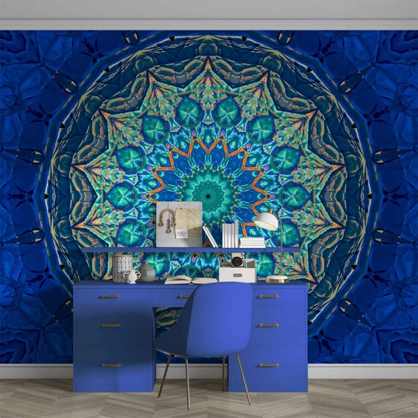 Mavi Franktal Etnik Motif Desenli Duvar Kağıdı - 4