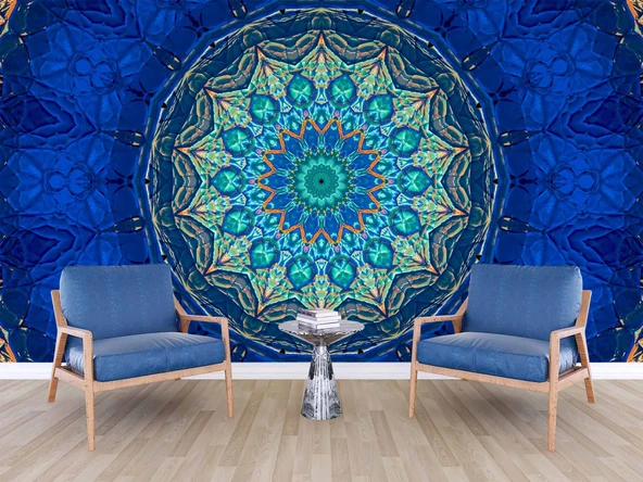 Mavi Franktal Etnik Motif Desenli Duvar Kağıdı - 6