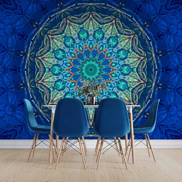 Mavi Franktal Etnik Motif Desenli Duvar Kağıdı - 5