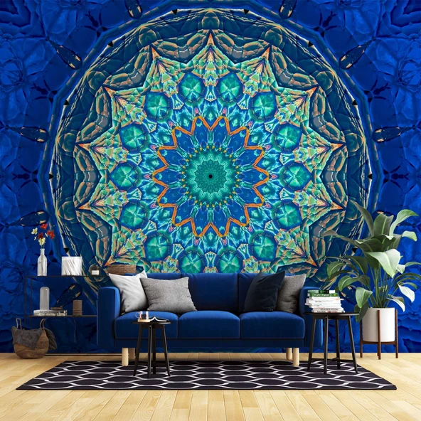 Mavi Franktal Etnik Motif Desenli Duvar Kağıdı - 1