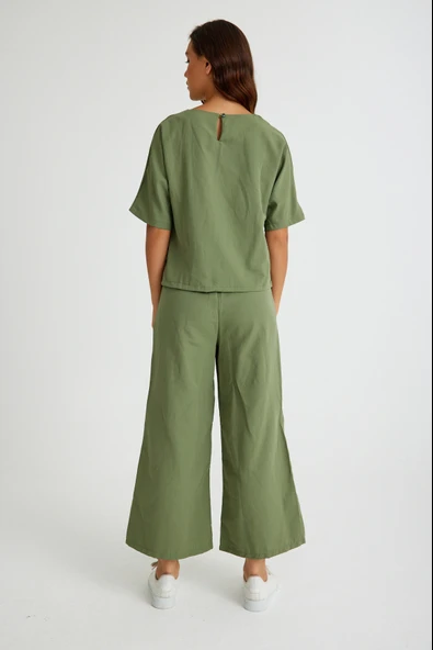 Beli Lastikli Kadın İkili Takım Alt Üst Keten Günlük Rahat - Resim 3