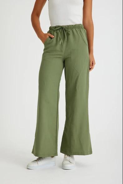 Tasarım Beli Lastikli Bağcıklı Keten Günlük Pantolon ürün görseli 1