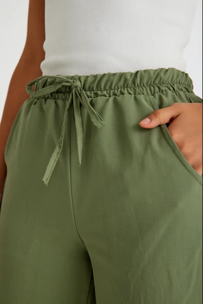 Tasarım Beli Lastikli Bağcıklı Keten Günlük Pantolon - 3