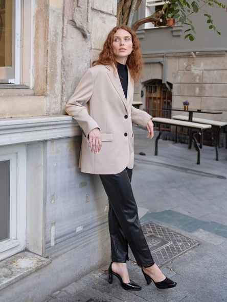 Oversize Düğmeli Blazer Ceket Bej - 8