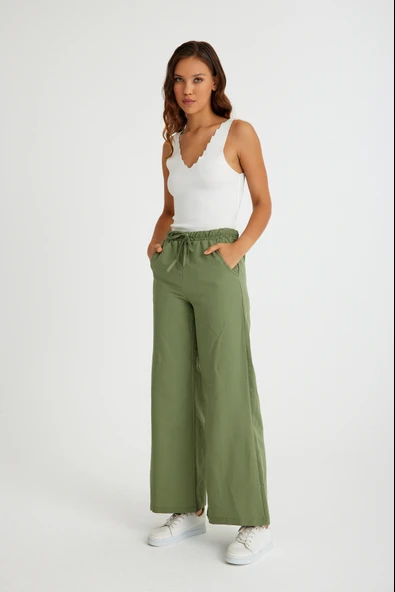 Tasarım Beli Lastikli Bağcıklı Keten Günlük Pantolon - 4