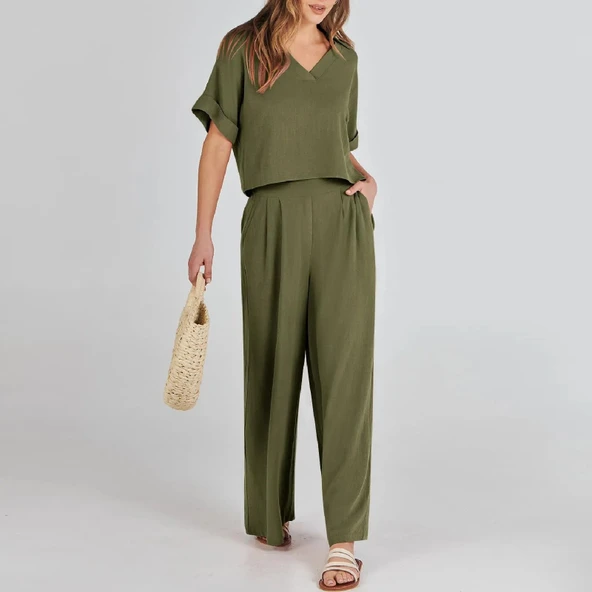 Zarif Kadin T-shirt ve Uzun Pantolon Alt Üst İkili Takım V Yaka Kısa Kollu Salaş Rahat Elbise - 6