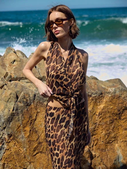 Leopar Desen Şifon Bağlamalı Bluz - 6