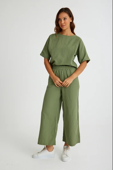 Beli Lastikli Kadın İkili Takım Alt Üst Keten Günlük Rahat ürün görseli 1