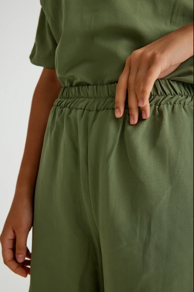 Beli Lastikli Kadın İkili Takım Alt Üst Keten Günlük Rahat - Resim 6